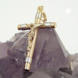 pendant 25x14mm cross with jesus crucifix bicolor rhodium plated 9k gold