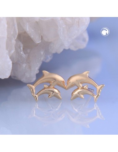 stud earrings 10x7mm dolphin couple matte shiny 9k gold