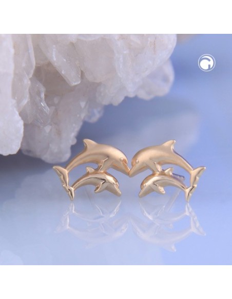 stud earrings 10x7mm dolphin couple matte shiny 9k gold