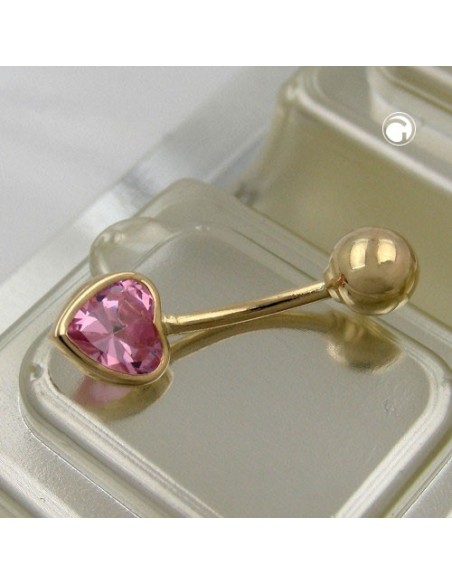 belly button piercing bananabell 20x6mm cubic zirconia heart pink 14k gold