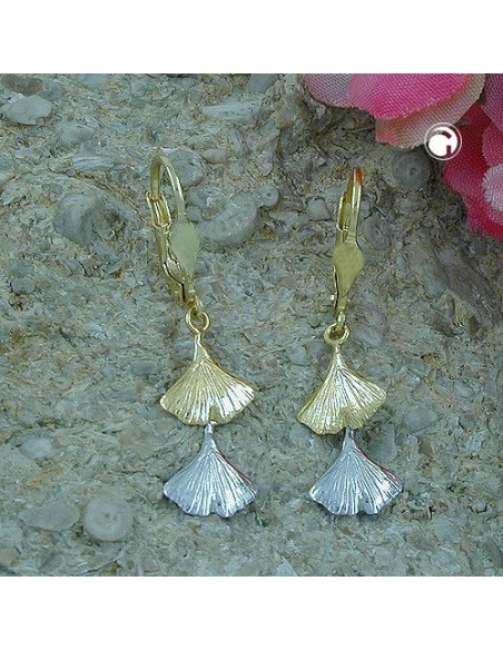 leverback earrings dangles 34x9mm ginkgo leaf bicolor 9kt gold