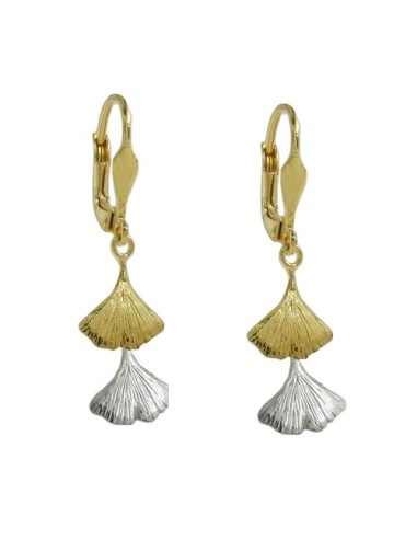 leverback earrings dangles 34x9mm ginkgo leaf bicolor 9kt gold