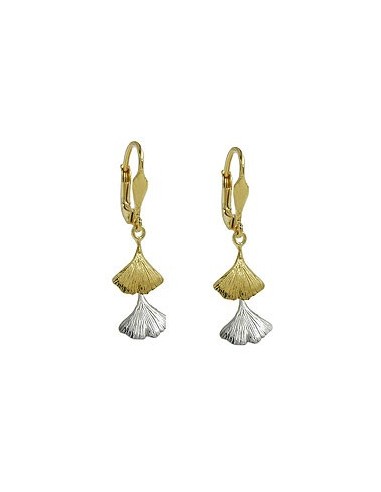 leverback earrings dangles 34x9mm ginkgo leaf bicolor 9kt gold