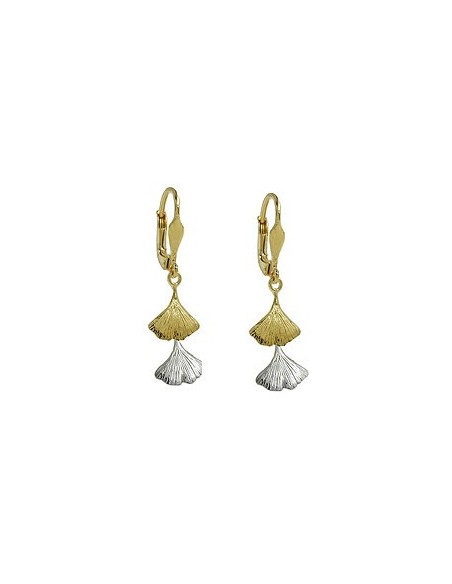 leverback earrings dangles 34x9mm ginkgo leaf bicolor 9kt gold