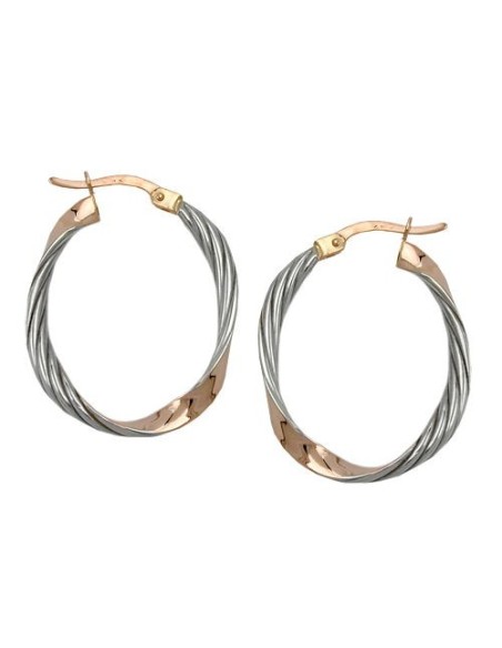 hoop earrings 26x21mm oval bicolor twisted rhodium plated 9k rose gold