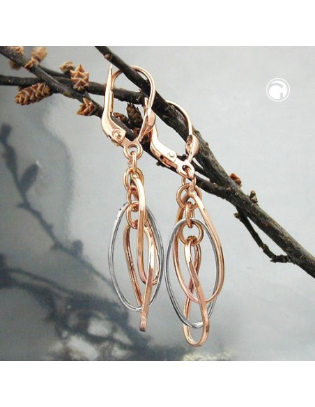 leverback earrings 43x8mm 3 ovals hanging bicolor white gold 9k rose gold