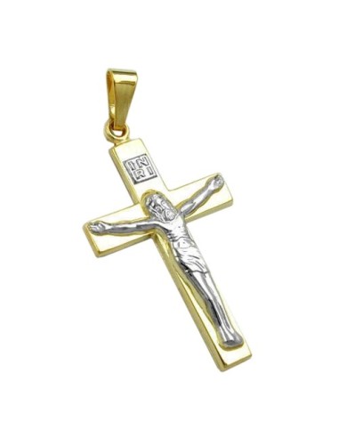 pendant 27x16mm cross with jesus bicolor shiny 9k gold