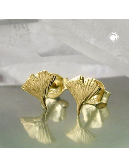 stud earrings 7mm ginkgo leaf shiny 9k gold