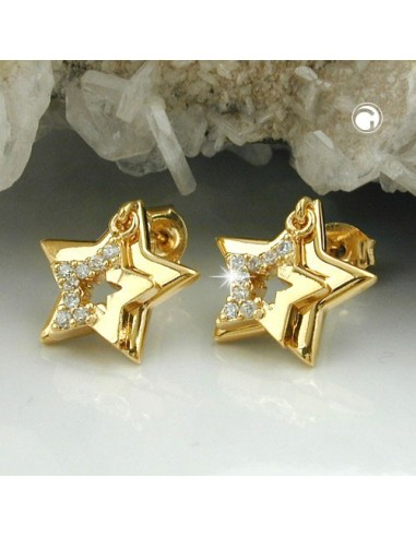 stud earrings two stars with zirconia 3 micron gold plating