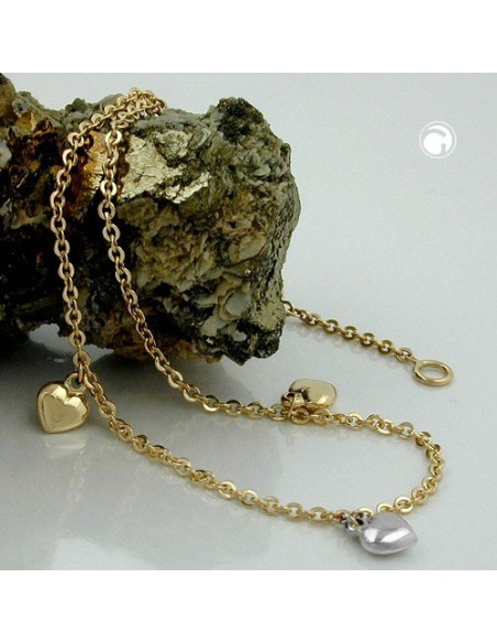 anklet 1.7mm anchor chain with 3 hearts bicolor variable length 9kt gold 25cm