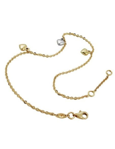 anklet 1.7mm anchor chain with 3 hearts bicolor variable length 9kt gold 25cm