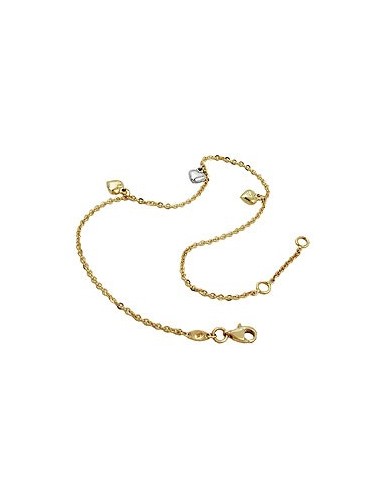anklet 1.7mm anchor chain with 3 hearts bicolor variable length 9kt gold 25cm