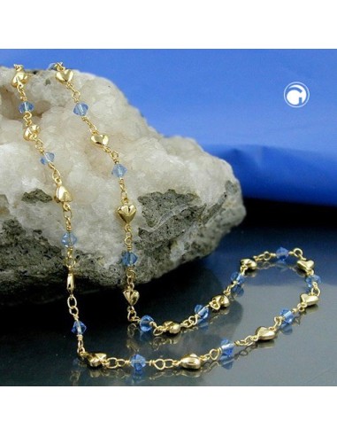 necklace 5mm fantasy chain hearts and blue glass beads gold-plated amd 42cm