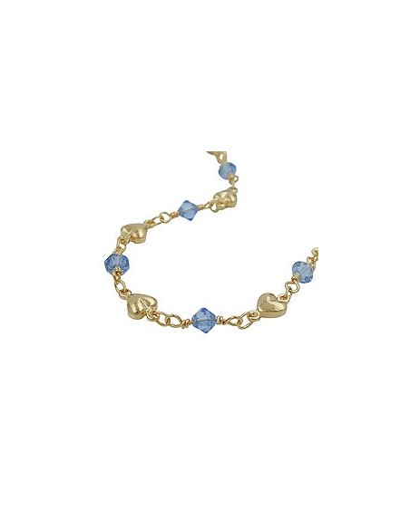 necklace 5mm fantasy chain hearts and blue glass beads gold-plated amd 42cm