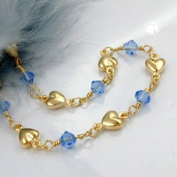 bracelet 5mm fantasy chain with hearts and blue glass beads gold-plated amd 19cm