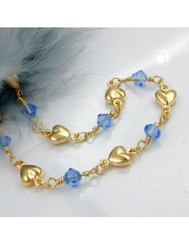 bracelet 5mm fantasy chain with hearts and blue glass beads gold-plated amd 19cm