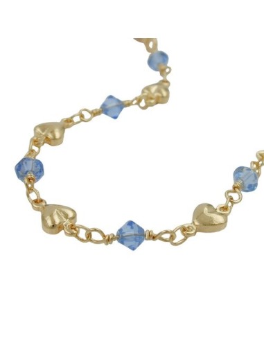 bracelet 5mm fantasy chain with hearts and blue glass beads gold-plated amd 19cm