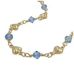 bracelet 5mm fantasy chain with hearts and blue glass beads gold-plated amd 19cm