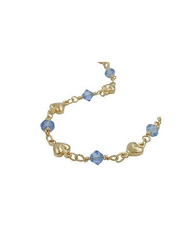 bracelet 5mm fantasy chain with hearts and blue glass beads gold-plated amd 19cm