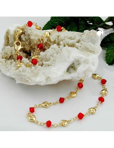 necklace 5mm fantasy chain hearts and red glass beads gold-plated amd 42cm