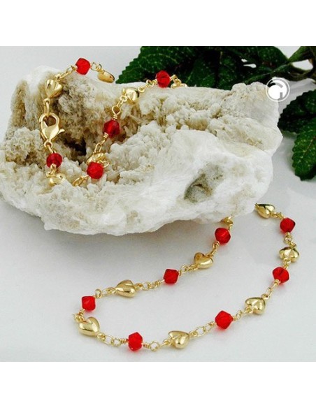 necklace 5mm fantasy chain hearts and red glass beads gold-plated amd 42cm