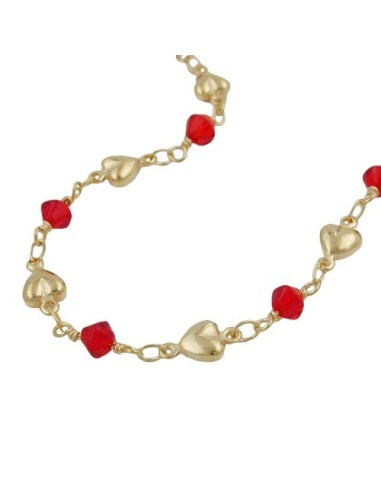 necklace 5mm fantasy chain hearts and red glass beads gold-plated amd 42cm
