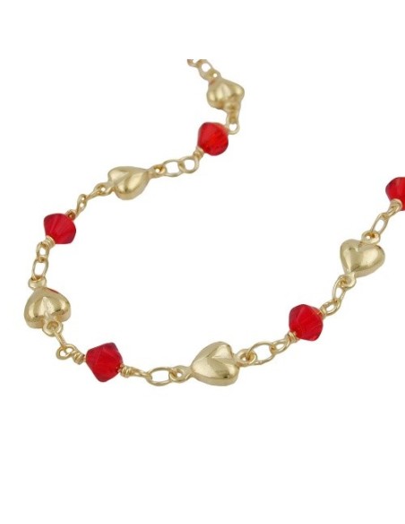 necklace 5mm fantasy chain hearts and red glass beads gold-plated amd 42cm