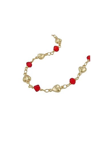 necklace 5mm fantasy chain hearts and red glass beads gold-plated amd 42cm