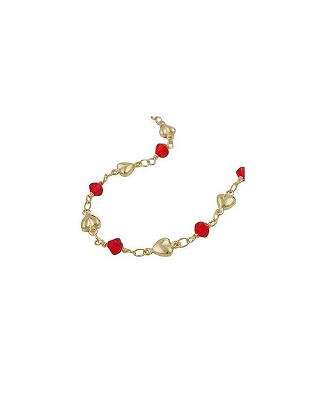 necklace 5mm fantasy chain hearts and red glass beads gold-plated amd 42cm