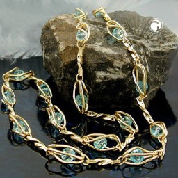 necklace aqua blue beads gold plated