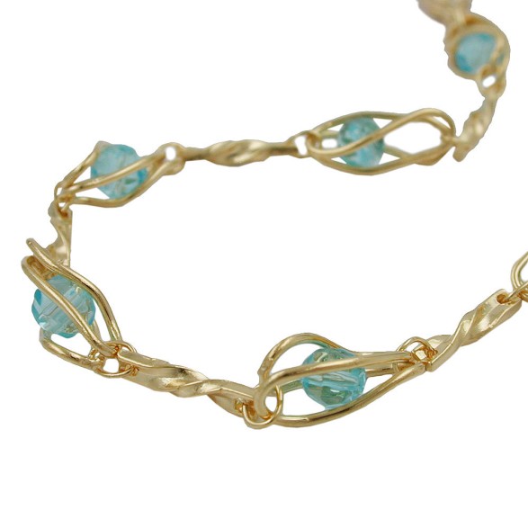 necklace twisted fantasy chain aqua-blue beads gold-plated 45cm