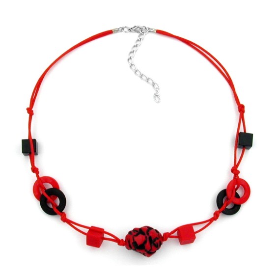 necklace red and black beads knotted red cord