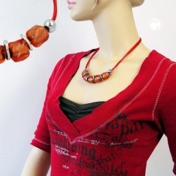 necklace large marbled red/orange beads red cord