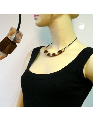 necklace slant bead plastic brown marbled and beige marbled solid rubber black 45cm