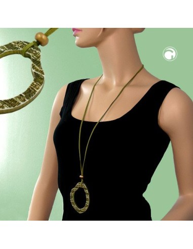 necklace 75x55mm tree ring plastic olive green leather strap green 90cm chain