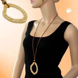 necklace 75x55mm tree ring plastic orange yellow leather strap natural 90cm