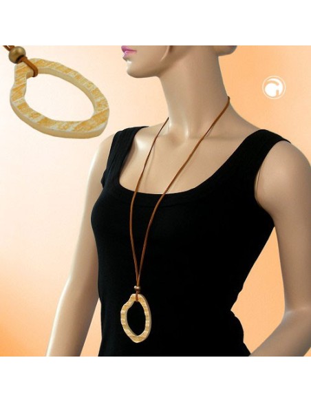necklace 75x55mm tree ring plastic orange yellow leather strap natural 90cm