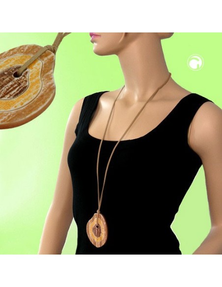 necklace 75x55mm 3 tree rings plastic brown-yellow leather strap natural 90cm