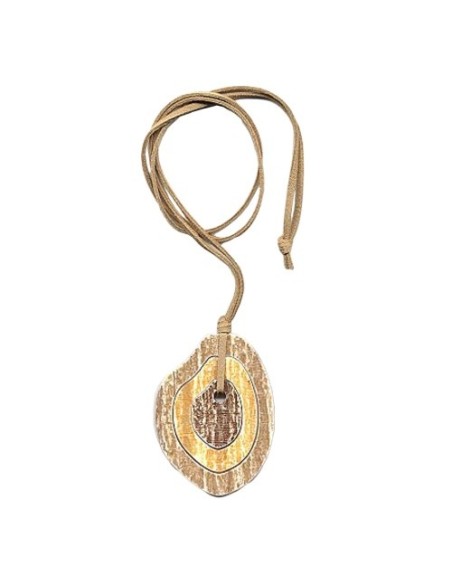 necklace 75x55mm 3 tree rings plastic brown-yellow leather strap natural 90cm