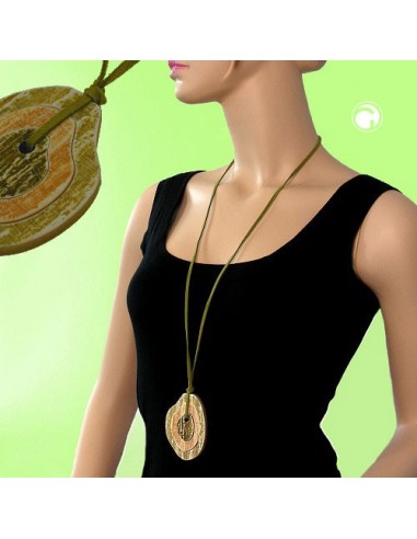 necklace 75x55mm 3 tree rings plastic green beige leather strap green 90cm
