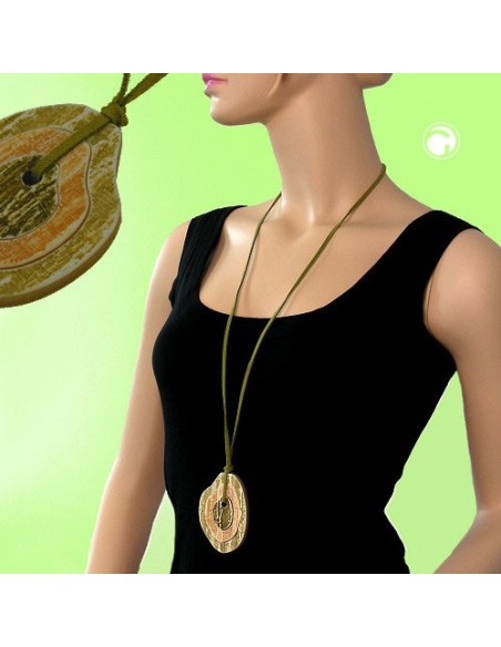 necklace 75x55mm 3 tree rings plastic green beige leather strap green 90cm