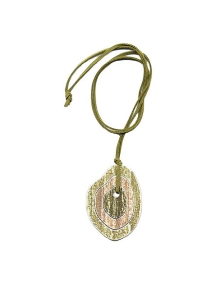 necklace 75x55mm 3 tree rings plastic green beige leather strap green 90cm