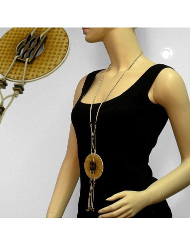 necklace 77mm plastic pendant hole ring beige-olive old brass cord gray 90cm