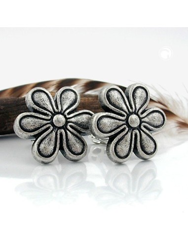 clip-on earring flower antique silver color
