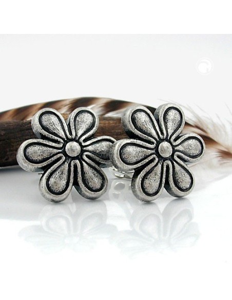 clip-on earring flower antique silver color