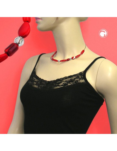 necklace red watered glass beads on coated flexible wire