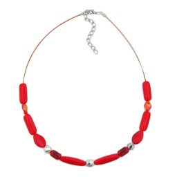 necklace red watered glass beads on coated flexible wire