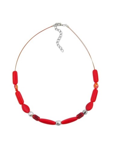 necklace red watered glass beads on coated flexible wire