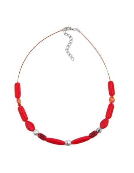 necklace red watered glass beads on coated flexible wire
