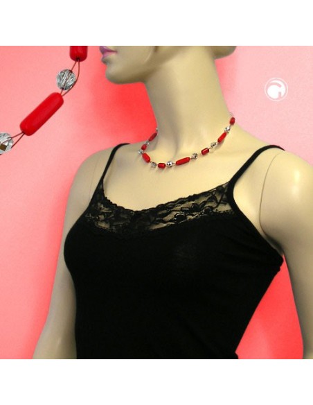 necklace red and silver-mirrored glass beads